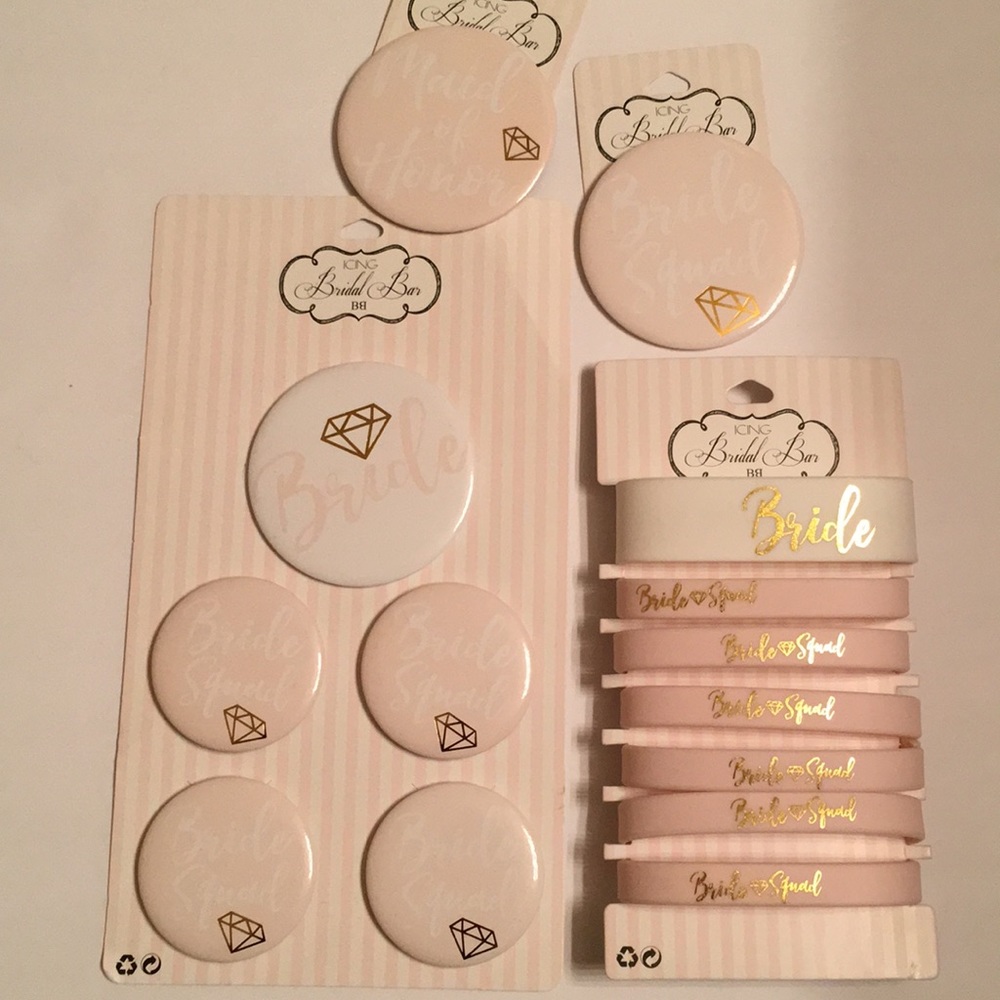 Icing bride squad pins and wrist bands